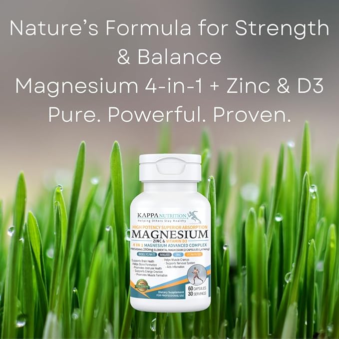 Kappa Nutrition Magnesium 4-in-1, 280mg Elemental Magnesium (Bisglycinate, Malate) + Zinc & Vitamin D3, Brain, Sleep, Energy, Muscle, Immune Support, 60 Vegan Capsules.