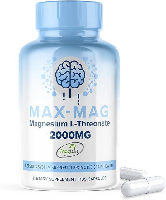 Max-Mag Magnesium L-Threonate Supplement - 105 Capsules Made in USA- Magtein 2000mg Complex with Vitamin D3 and K2 for Sleep, Mood & Brain Magnesium L Threonate Capsules Nutrition by MaxLife Naturals