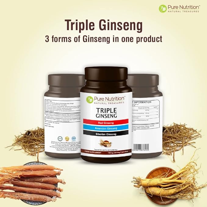 Pure Nutrition Triple Ginseng - an Unique and Effective Combination of Red Ginseng, American Ginseng and Siberian Ginseng. 790mg per Capsule | 60 Veg Caps Pack