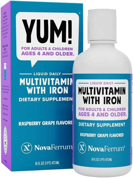 NovaFerrum Yum 16 Fl Oz | Multivitamin with Iron for Ages 4 & Up | Gluten Free Certified | Sugar Free | Raspberry Grape