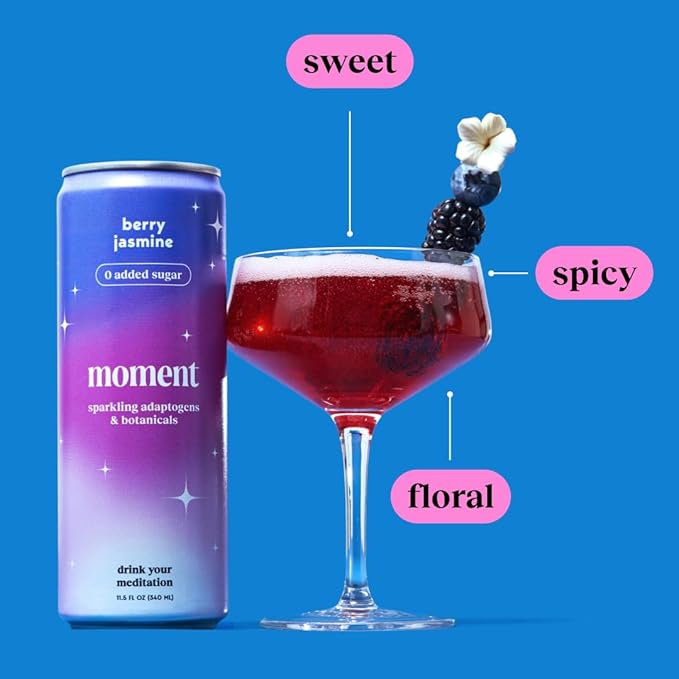 Moment Botanical Soda Soft Drink (Shark Tank) - SPARKLING Non Alcoholic Drinks | Berry Jasmine | L-Theanine & Ashwagandha for Calm & Clarity | 0 Added Sugar 0 Caffeine | 12-pack