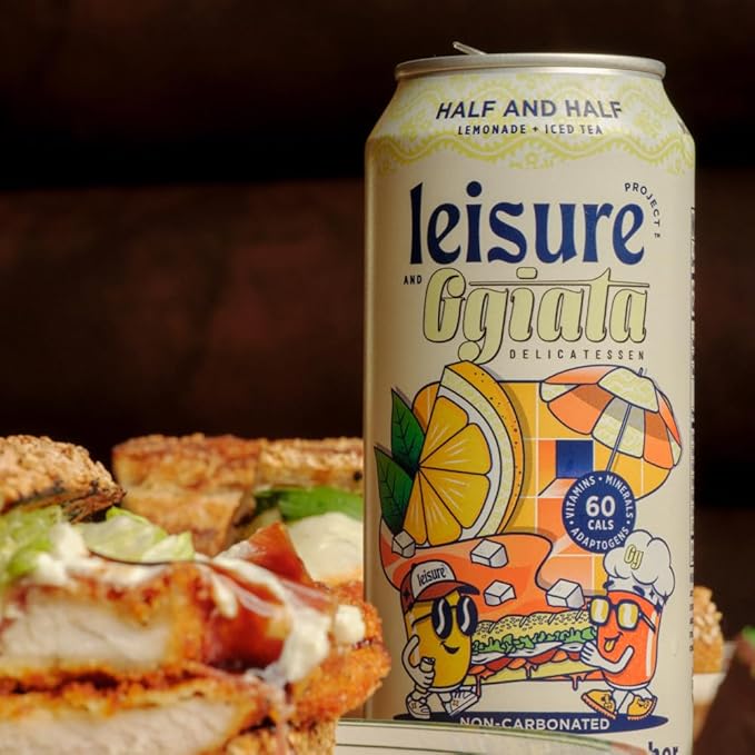 Leisure Hydration - Half and Half with Ggiata Delicatessen [Electrolyte Refresher - 16oz Cans, 12pk] - Half Lemonade Half Black Tea Hydration Drink, Packed w/ Magnesium & Ashwagandha For Mood & Stress Support