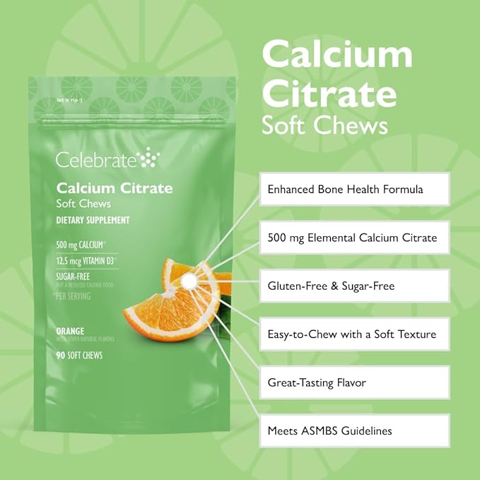 Celebrate Vitamins Bariatric 500mg Calcium Citrate Soft Chews with 500 IU Vitamin D3 – Essential for Gastric Bypass Patients & Bone Health - Sugar & Gluten Free, Orange (90 Chews)