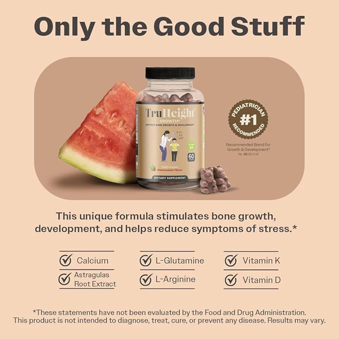TruHeight Growth Gummies (Watermelon) Natural Growth & Development Supplement for Kids & Teens - Vitamin D, K, Calcium & Ashwaganda - Bone Strength Vitamins - Picky Eater Vitamin for Kids - Ages 5+