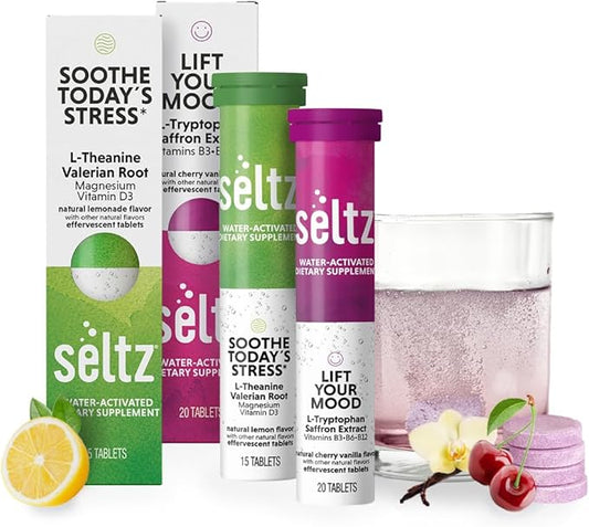 Seltz Lift Your Mood and Soothe Today's Stress Vitamin Effervescent Drinks with L-Theaninine, L-Tryptophan, Saffron, Vitamin D3 and More!