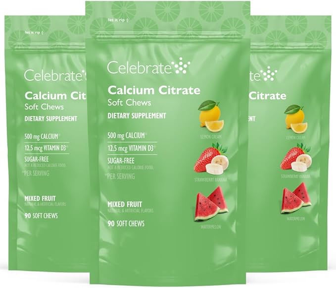 Celebrate Vitamins Bariatric 500mg Calcium Citrate Soft Chews with 500 IU Vitamin D3 – Essential for Gastric Bypass Patients & Bone Health - Sugar & Gluten Free, Fruit (270 Chews)