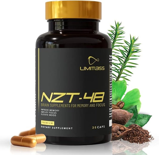 NZT-48 Brain Booster | Nootropic Brain Supplements for Memory and Focus | Premium Natural Energy Supplement with Caffeine, Phosphatidylserine, Vitamins B6 & B12, Ashwagandha | 30 Servings