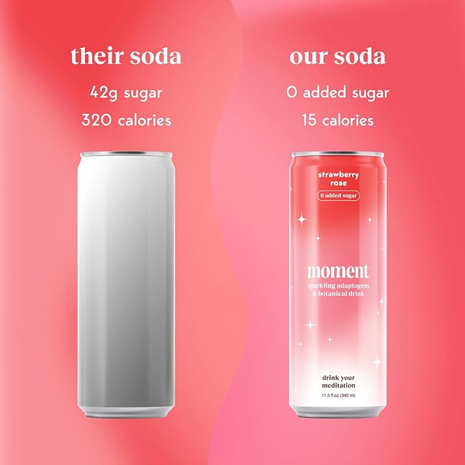 Moment Botanical Soda Soft Drink (Shark Tank) - SPARKLING Drinks | Strawberry Rose | L-Theanine & Ashwagandha for Calm & Clarity | 0 Added Sugar 0 Caffeine | 12-pack