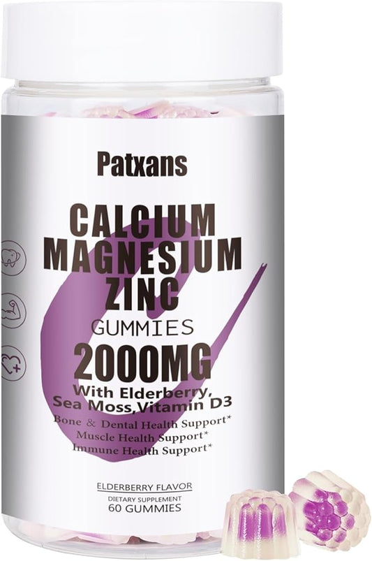 1 Pack 2000MG Calcium Magnesium Zinc Gummies with Vitamin D3 & Elderberry, Sea Moss for Bone ＆ Tooth Strength, Muscle ＆ Immunity, Blueberry Flavor, 60ct.