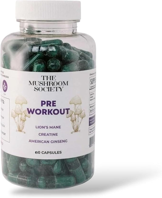 Pre-Workout Supplement - Focus & Performance Stack with Lion’s Mane, Creatine, American Ginseng & Beta-Glucans – Natural Energy & Endurance Without Caffeine - 60 Vegan Capsules