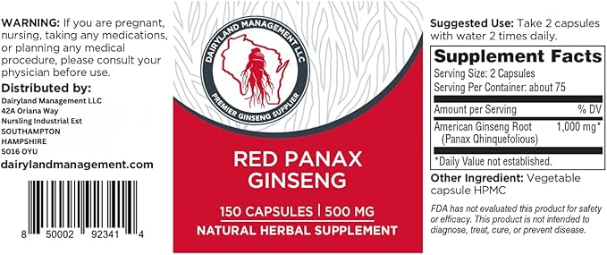 100% Authentic Korean Red Panax Ginseng Capsules -500 mg. Potent Ground Ginseng Root Extract Powder - No Fillers, Binders or Other Additives. (150 ct)