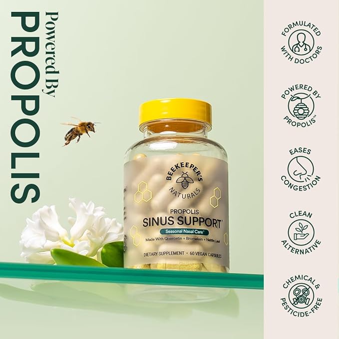 Beekeeper's Naturals All Natural Sinus Support for Adults, Seasonal Nasal Care Relief with Propolis, Quercetin, Bromelain, Nettle Leaf, & Vegan Capsule, Blocks or Suppresses Histamine, 60 ct