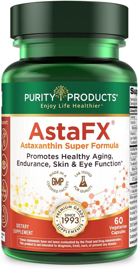 Purity Products AstaFX Astaxanthin Antioxidant Super Formula from Clinically Tested 4 mg AstaREAL with Tocotrienols (Vitamin E) + BioPerine Black Pepper + Piperine - 60 Vegetarian Caps