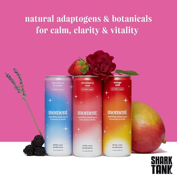 Moment Botanical Soda Soft Drink (Shark Tank) - SPARKLING Drinks | Fruity Fun | L-Theanine & Ashwagandha for Calm & Clarity | 0 Added Sugar 0 Caffeine | 24-pack
