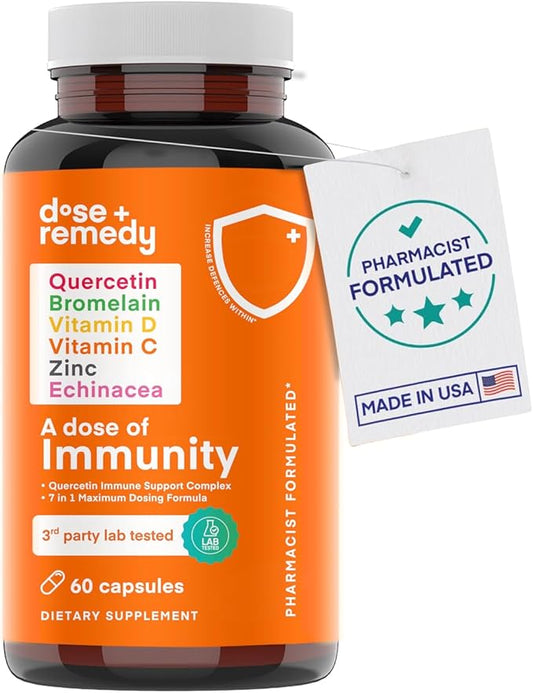 A Dose of Immunity Quercetin with Vitamin C and Zinc, Vitamin D, 500mg Quercetin Bromelain with Echinacea & B Vitamins, Lung Immune Support Supplement 7 in 1 Immunity Defense Booster (60 Count)