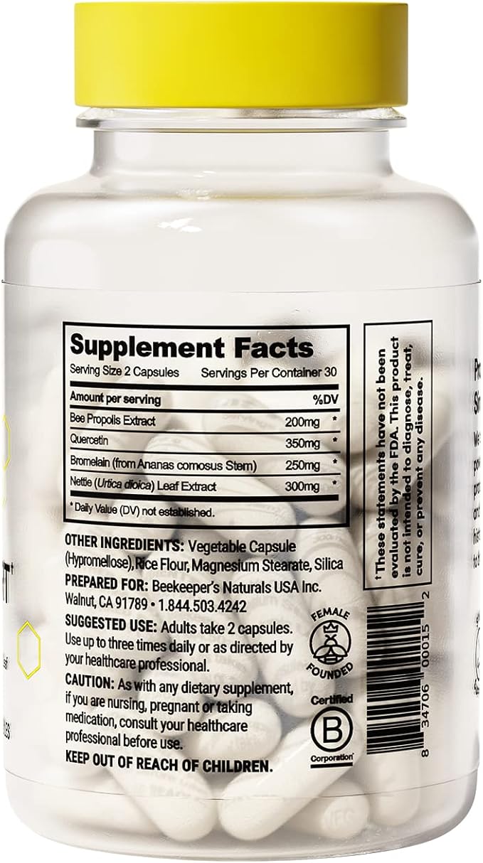 Beekeeper's Naturals All Natural Sinus Support for Adults, Seasonal Nasal Care Relief with Propolis, Quercetin, Bromelain, Nettle Leaf, & Vegan Capsule, Blocks or Suppresses Histamine, 60 ct