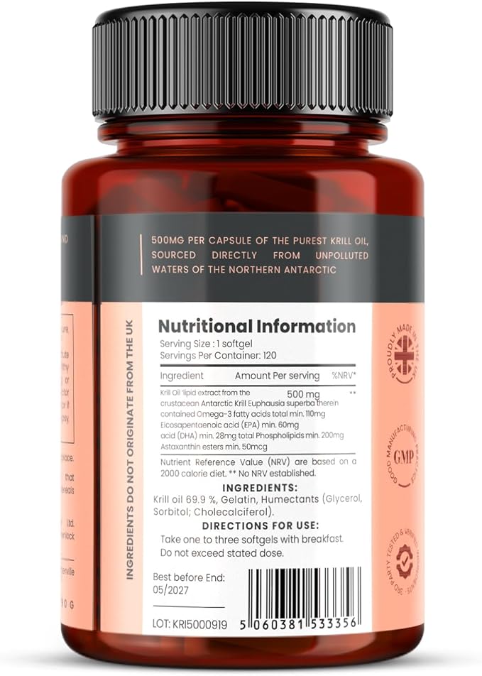 Ultra Pure Krill Oil 500mg x 240 Capsules (2 Bottles) - Sourced in The Unpolluted Waters of Antarctic Providing a Rich Supply of Astaxanthin, Omega 3, and Vitamin D