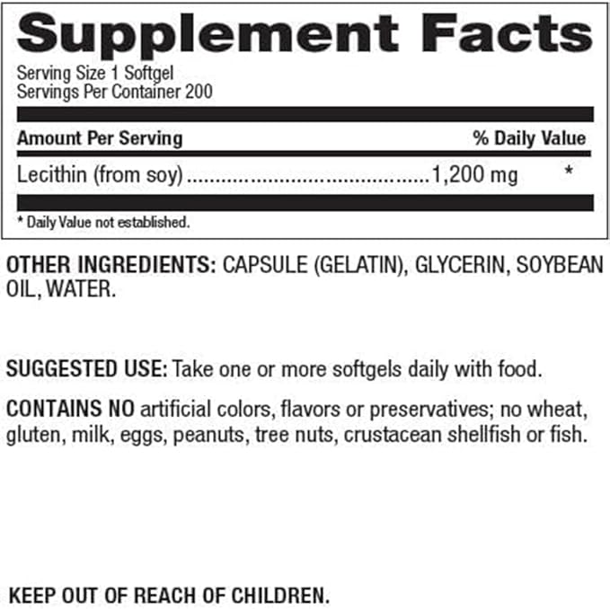 Natural Nutra Soy Lecithin 1200 mg Dietary Supplement - Brain Function, Liver Health, Improve Procreant Health, Boosting Supplement - Gluten-Free, BPA-Free, 200 Softgels in Recyclable Glass Bottles