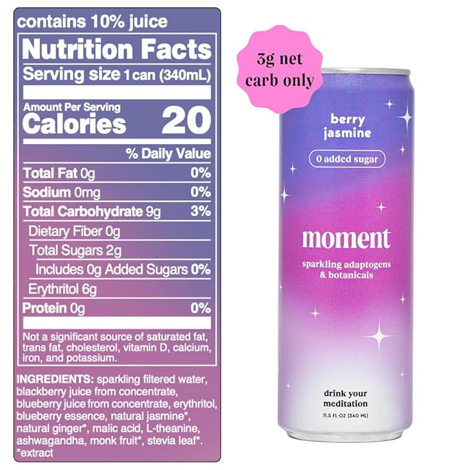 Moment Botanical Soda Soft Drink (Shark Tank) - SPARKLING Non Alcoholic Drinks | Berry Jasmine | L-Theanine & Ashwagandha for Calm & Clarity | 0 Added Sugar 0 Caffeine | 12-pack