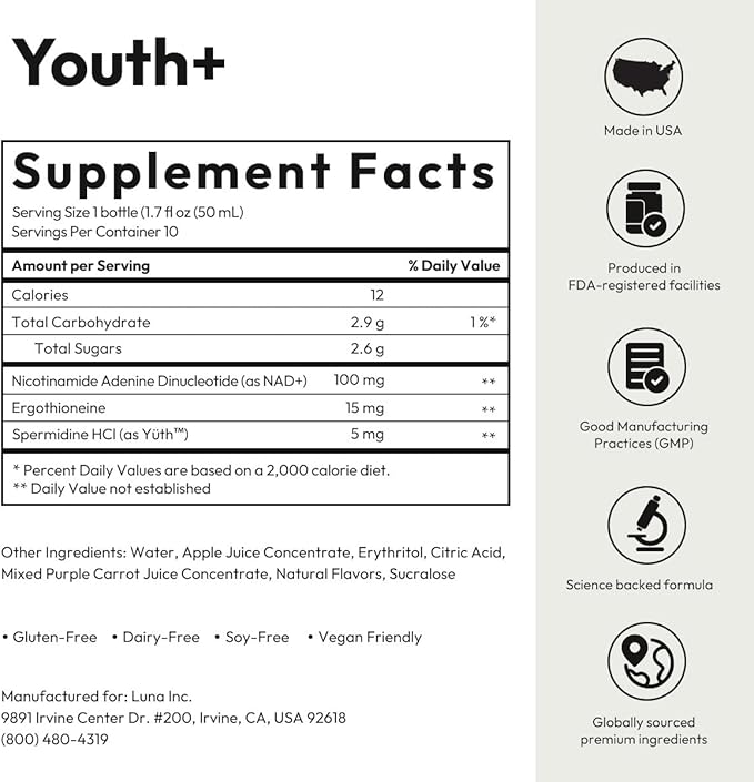 BIGVITA Youth+ | NAD+ Shots for Anti-Aging, Energy, Skin & Hair Health, Cognitive Support | Ready-to-Drink Supplement | Beauty from Within | Vegan, Made in USA