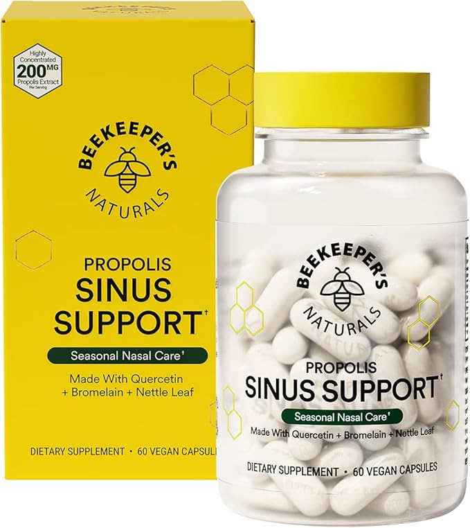Beekeeper's Naturals All Natural Sinus Support for Adults, Seasonal Nasal Care Relief with Propolis, Quercetin, Bromelain, Nettle Leaf, & Vegan Capsule, Blocks or Suppresses Histamine, 60 ct