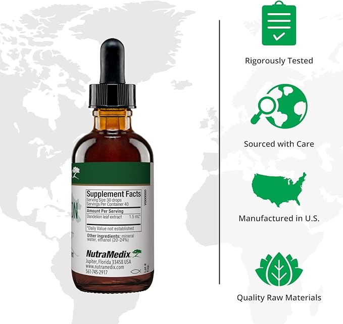 Nutramedix Dandelion Detox Support - Tincture for Liver Health + Gut Health + Antioxidant Support - Dandelion Leaf Liver Support Supplement for Daily Use (60ml)