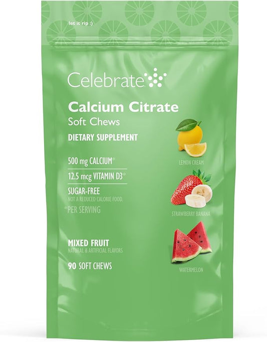 Celebrate Vitamins Bariatric 500mg Calcium Citrate Soft Chews with 500 IU Vitamin D3 – Essential for Gastric Bypass Patients & Bone Health - Sugar & Gluten Free, Fruit (90 Chews)