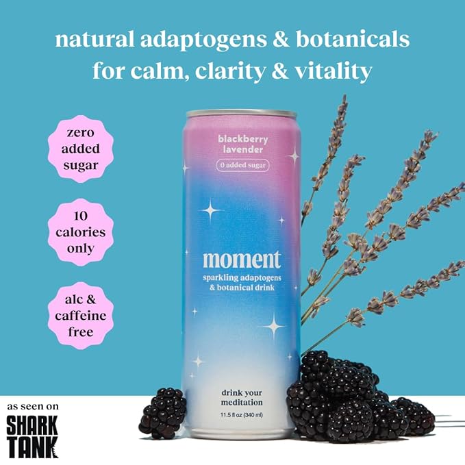 Moment Botanical Soda Soft Drink (Shark Tank) - SPARKLING Drinks | Blackberry Lavender | L-Theanine & Ashwagandha for Calm & Clarity | 0 Added Sugar 0 Caffeine | 12-pack