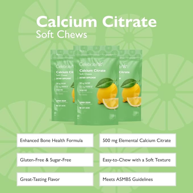 Celebrate Vitamins Bariatric 500mg Calcium Citrate Soft Chews with 500 IU Vitamin D3 – Essential for Gastric Bypass Patients & Bone Health - Sugar & Gluten Free, Lemon (270 Chews)