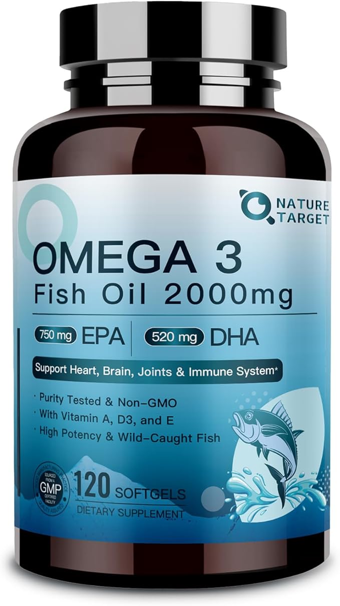 NATURE TARGET Omega 3 Fish Oil 2000mg Softgels with Vitamin D3 & E & A - EPA & DHA- Max-Absorption, Supports Heart, Brain & Immune Health, Non-GMO, 120 Softgels
