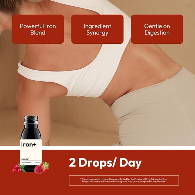 BIGVITA Iron+ | High Absorption Supplement with Microencapsulated Iron Drops + Folate, B6 & Cranberry Extract | No Metallic Taste, Mixed Berry Flavor, Gentle on Stomach | Energy & Hormonal Support