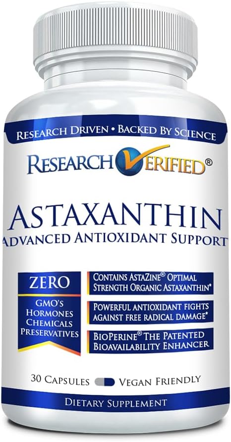 Research Verified Astaxanthin - Powerful Antioxidant, Fights Free Radicals, Supports Skin, Brain, Eyes, and Heart - Zinc RDA, Vitamin E, BioPerine - 30 Capsules - Non-GMO, Made in The USA