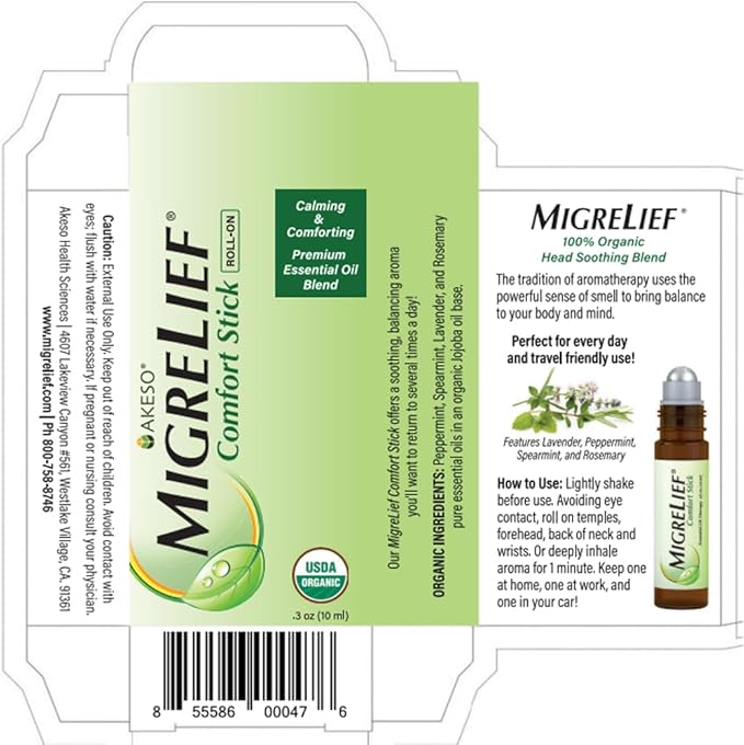 MigreLief Comfort Stick, Migraine and Headache Essential Oil Roll-On - Peppermint Lavender - 10ml