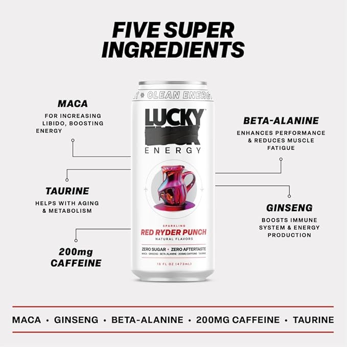 Lucky Energy Sugar Free Energy Drinks 19.2 Fl Oz Cans (Pack of 12) Healthy Energy Drink. Red Ryder Punch with Maca, Ginseng, Taurine, Beta-Alanine, 200mg Caffeine (Packaging May Vary)