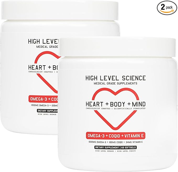High Level Science CoQ10, Omega-3, Vitamin E, Cardiologist Formulated for Heart + Body + Mind Health, DHA/EPA, Antioxidant for Energy, Superior Bioavailable Fish Oil, Gluten Free, 60 Softgels - 2 Pack