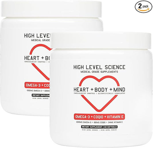 High Level Science CoQ10, Omega-3, Vitamin E, Cardiologist Formulated for Heart + Body + Mind Health, DHA/EPA, Antioxidant for Energy, Superior Bioavailable Fish Oil, Gluten Free, 60 Softgels - 2 Pack