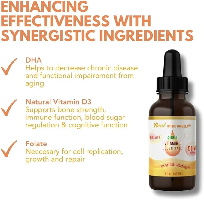 Adults Health Essentials Drops - Liquid DHA Omega 3, Natural Vitamin D3 1000 IU, Folate Supplement, Supports Heart, Brain, Eyes & Joint Health Supplement for The Whole Family