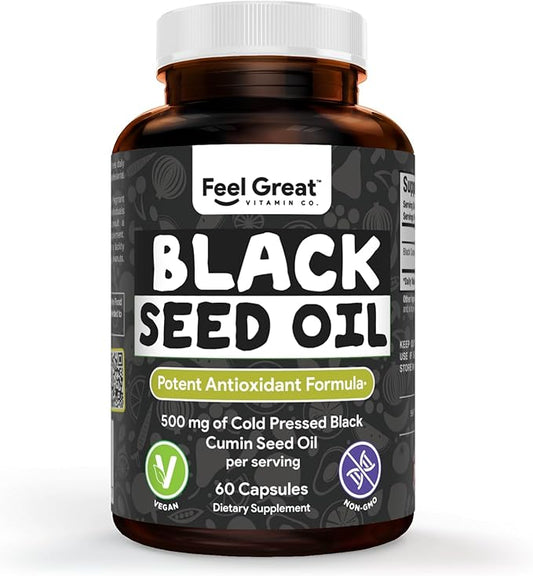 Feel Great Vitamins Black Seed Oil Softgels – Cold-Pressed Nigella Sativa with Vitamin E – 500mg – 60 Vegan Capsules – Non-GMO, Made in USA