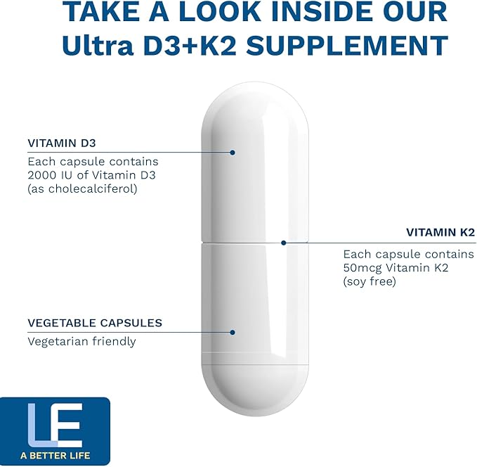 Life Enhancement Vitamin D3 K2 2000iu Supports Muscle & Brain Health - D3 K2 Supplement Helps in Immune and Cardiovascular Support - Made in USA (120 Vegetarian Capsules)