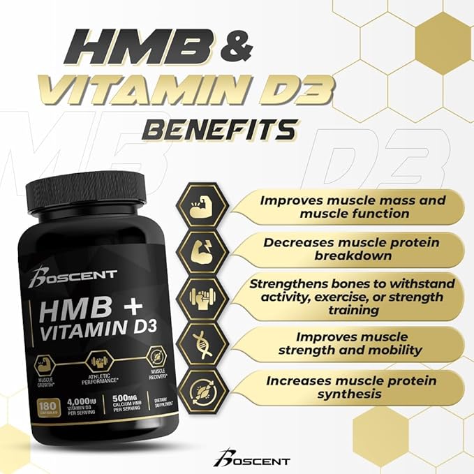 HMB and Vitamin D3 Supplement 1,000 MG (180 Capsules) - HMB Supplements with 4,000 UI of D3 & Calcium - Muscle Growth, Strength & Cure - B-Hydroxy B-Methylbutyrate Butyrate - Muscle Builder for Men