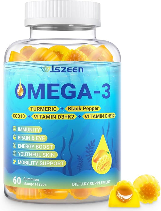 Omega 3 Gummies Vegan Fish Oil Gummies with Turmeric + CoQ10 + Vitamin C D3 K2, Fish Oil Omega 3 Supplements for Women & Men with Algae DHA & EPA for Brain & Immune Support, Sugar Free, 60 Cts