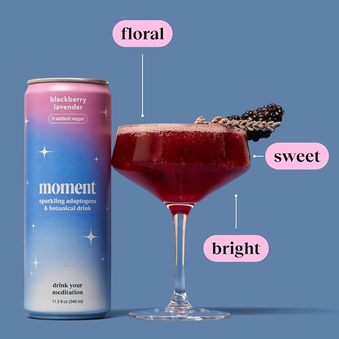 Moment Botanical Soda Soft Drink (Shark Tank) - SPARKLING Drinks | Blackberry Lavender | L-Theanine & Ashwagandha for Calm & Clarity | 0 Added Sugar 0 Caffeine | 12-pack