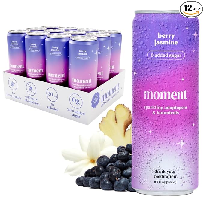 Moment Botanical Soda Soft Drink (Shark Tank) - SPARKLING Non Alcoholic Drinks | Berry Jasmine | L-Theanine & Ashwagandha for Calm & Clarity | 0 Added Sugar 0 Caffeine | 12-pack