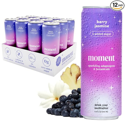 Moment Botanical Soda Soft Drink (Shark Tank) - SPARKLING Non Alcoholic Drinks | Berry Jasmine | L-Theanine & Ashwagandha for Calm & Clarity | 0 Added Sugar 0 Caffeine | 12-pack