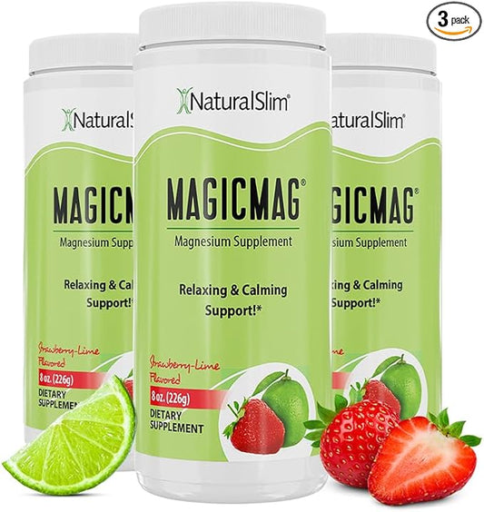 NaturalSlim Magicmag Pure Magnesium Citrate Powder – Stress, Constipation, Muscle, and Heart Support | Natural Strawberry & Lime Flavored Magnesium Supplement - 8oz Drink Mix (3 Pack)