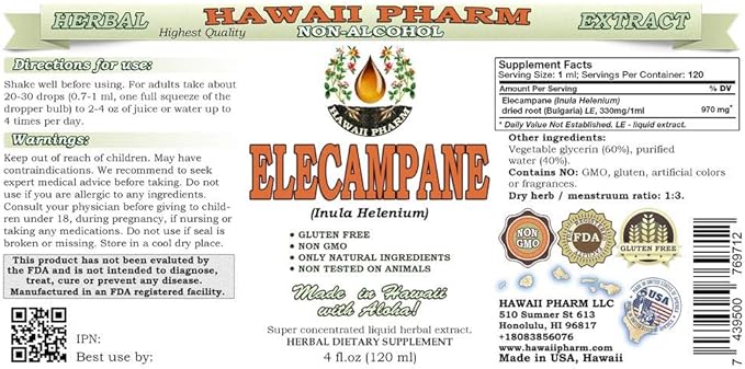 Elecampane Alcohol-Free Liquid Extract, Organic Elecampane (Inula Helenium) Dried Root Glycerite Hawaii Pharm Natural Herbal Supplement 15x4 oz