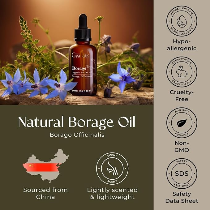 Gya Labs Organic Borage Oil for Skin & Face, Hair - 100% Pure Natural Borage Seed Carrier Oil for Lotions - Healing & Comforting (1.69 Fl Oz)
