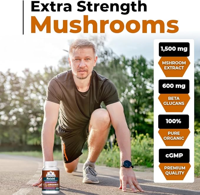CANCER SCIENCES Reishi Wellness Mushroom Supplement Capsules, USDA Certified Organic Mushrooms Extract, Extra Strength 1,500 mg, High Potency 40% Beta-Glucans, Immune Support, Anti-aging, 120 Capsules