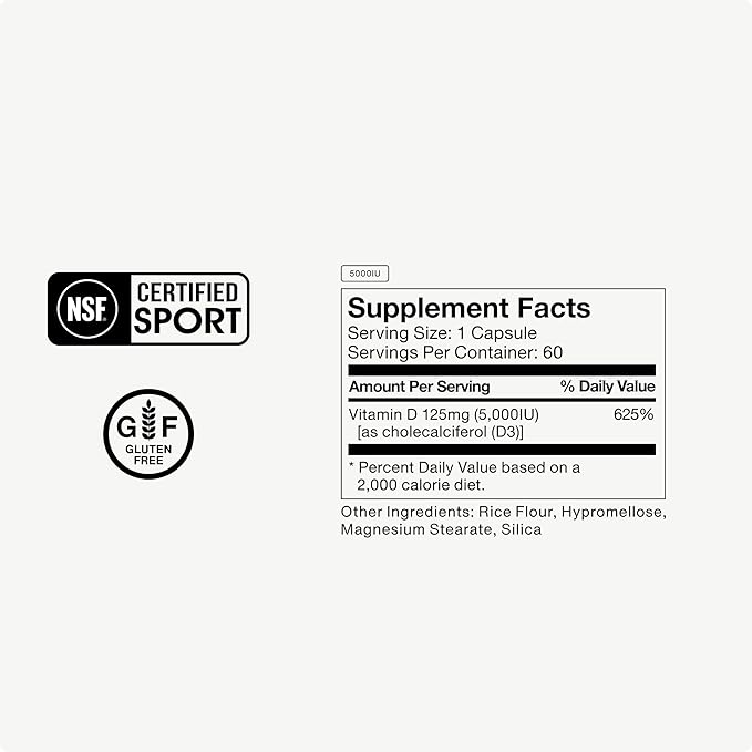 Momentous Vitamin D3 Supplement - 5,000 IU Capsules for Foundational Health Support - NSF Certified for Sport - Gluten-Free - 60 Servings