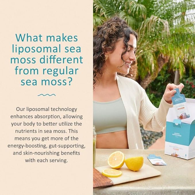 Irish Sea Moss Gel, Liposomal Seamoss with Irish Sea Moss, Vitamin E, Citrus, Organic Vanilla, Glycerin, Skin, Energy & Gut Health Support for Women & Men, Sweet Citrus Flavor, 30 Ct